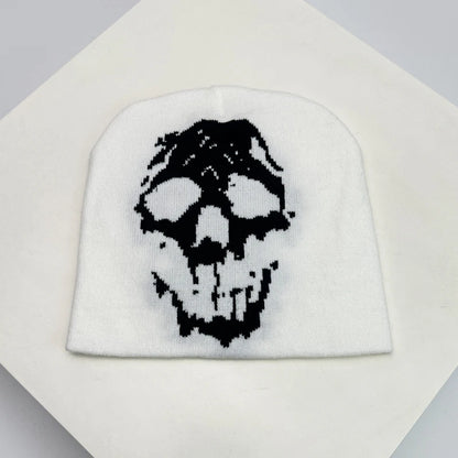Skull Print Knit Beanie – Color Block Warm Winter Hat Punk Style