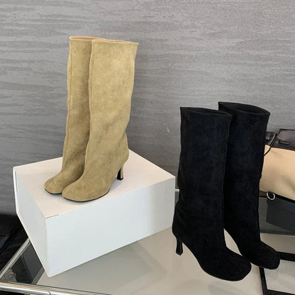 Eilyken Women Knee-High Stiletto Boots – Round Toe Suede