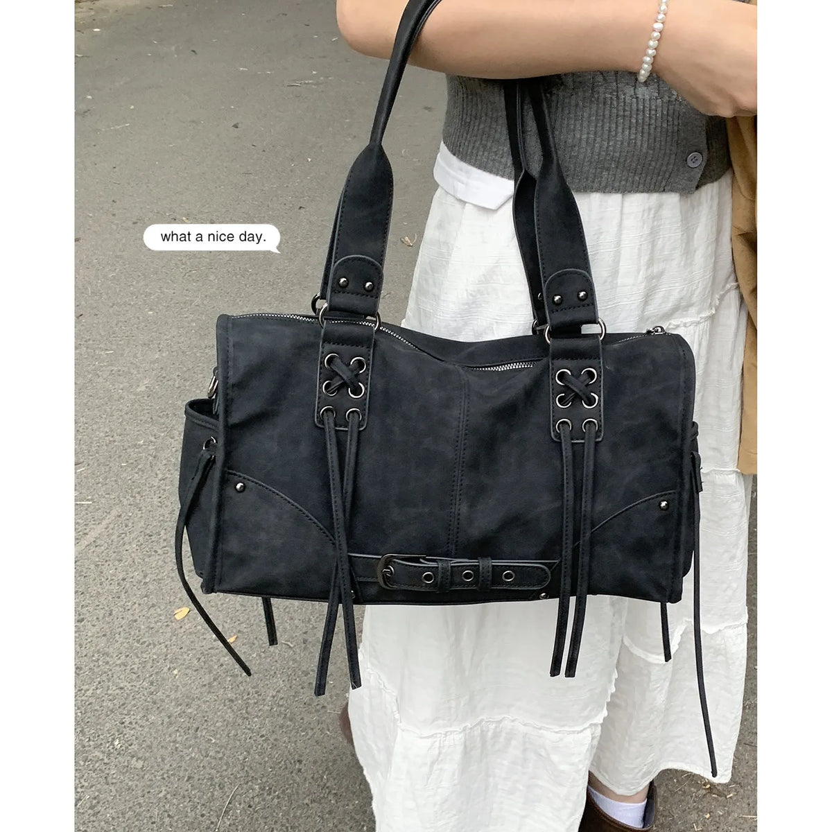 Retro Motorcycle Handbag Women Horizontal Tassel Design
