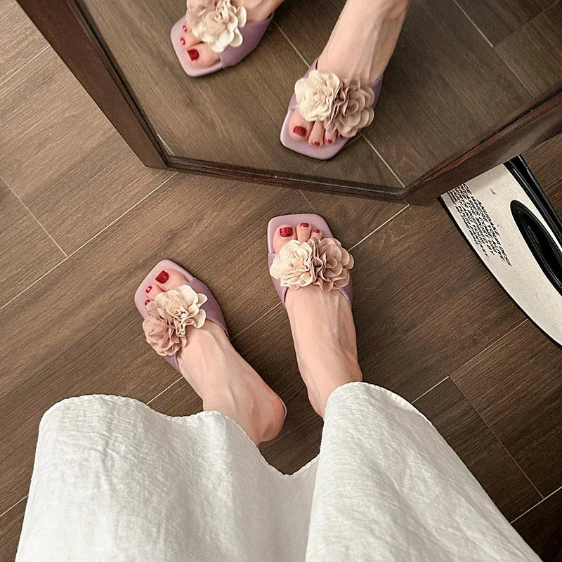 Floral Kitten Heel Slide Sandals – Women's Open Toe Mules
