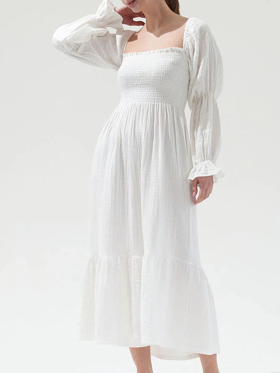 Puff Sleeve Smocked Midi Dress – Square Neck Flowy Casual Dress