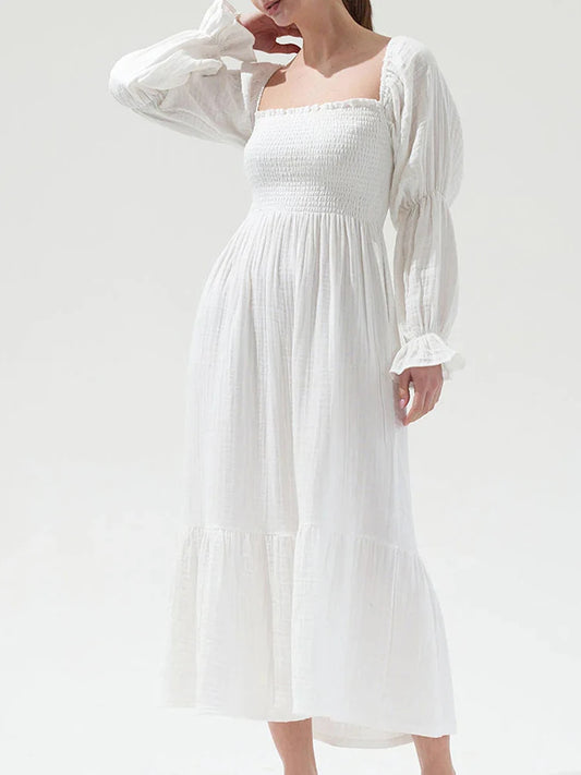 Puff Sleeve Smocked Midi Dress – Square Neck Flowy Casual Dress