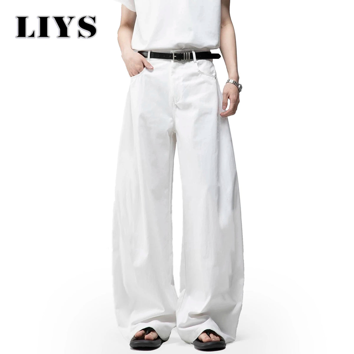 Men S White Baggy Machete Wide-Leg Jeans Daily Casual Denim Pants Solid Business Ladies Balloon
