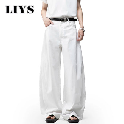 Men S White Baggy Machete Wide-Leg Jeans Daily Casual Denim Pants Solid Business Ladies Balloon
