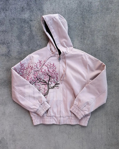 Harajuku Cherry Blossom Zipper Hoodie Jacket – Women's Street Style