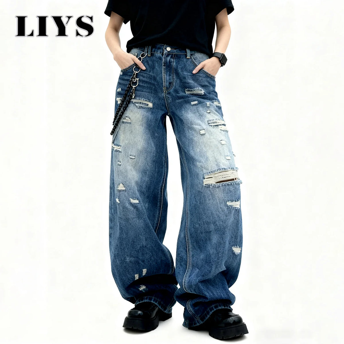 Blue Baggy Ripped Jeans – Men's Retro Goth Street Denim