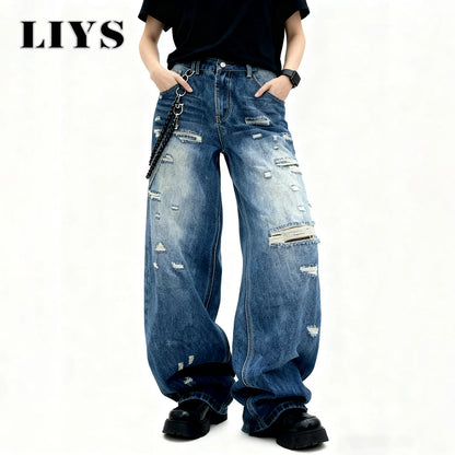 Blue Baggy Ripped Jeans – Men's Retro Goth Street Denim
