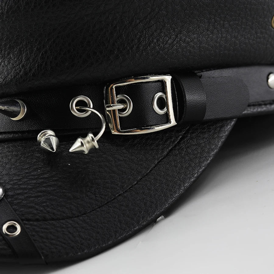 Women's Black PU Leather Military Cap with Spike Rivets