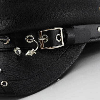 Women's Black PU Leather Military Cap with Spike Rivets