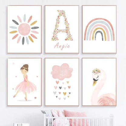 Kids Room Nursery Wall Art Posters – Boho Ballet Girl, Rainbow & Floral Prints