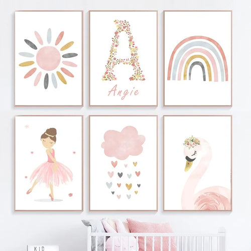 Kids Room Nursery Wall Art Posters – Boho Ballet Girl, Rainbow & Floral Prints