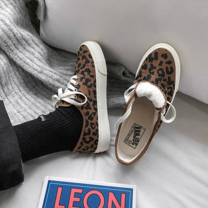 Leopard Print Canvas Sneakers – Women's Lace-Up Flats