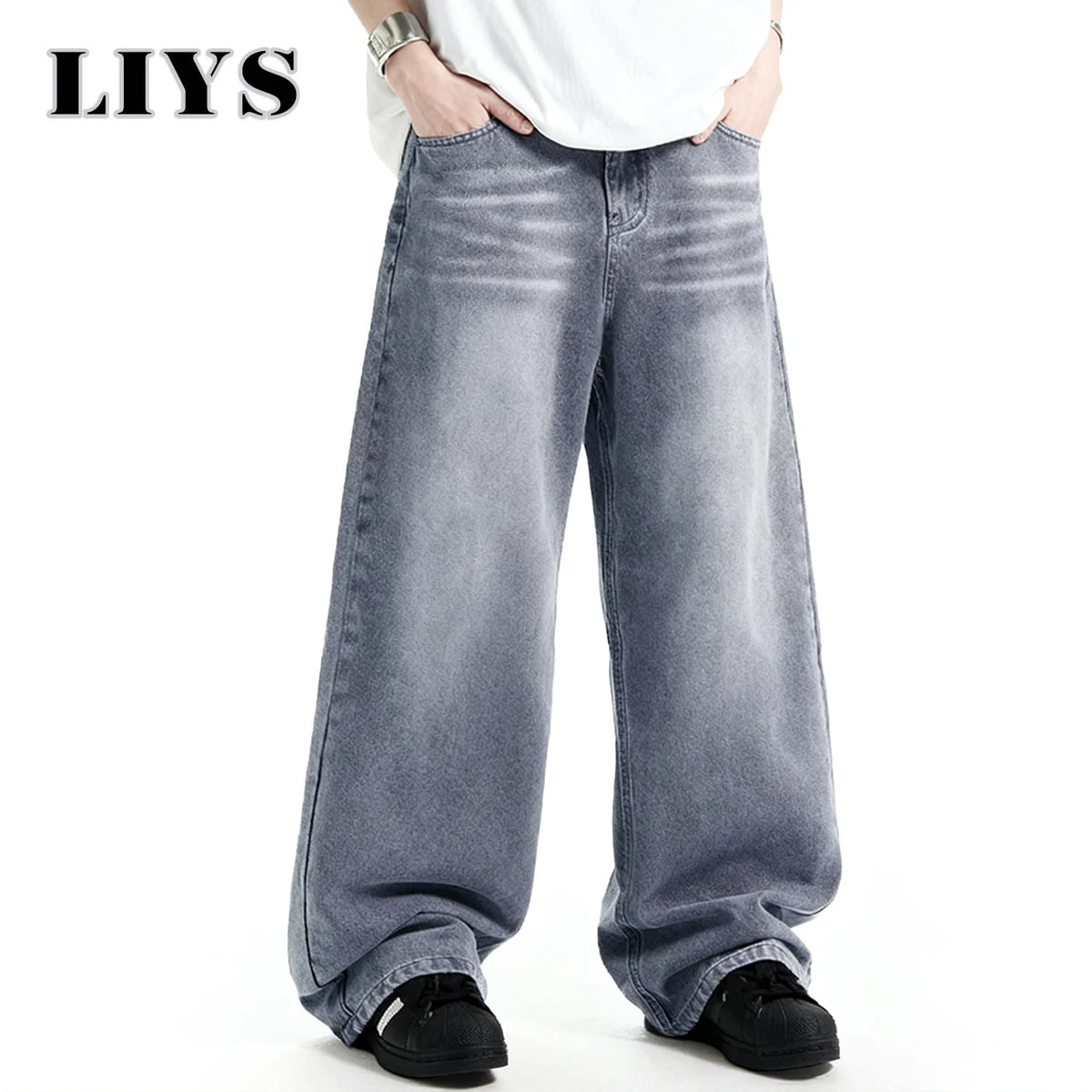 Men S American Retro Washed Polished White Loose Wide Leg Jeans Daily Business Leisure Unisex Baggy