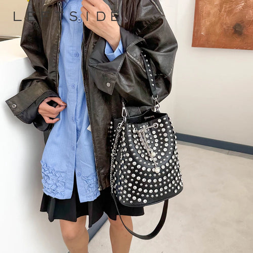 Studded Bucket Bag with Pearl Charm Drawstring Punk Rock Leather Shoulder Bag