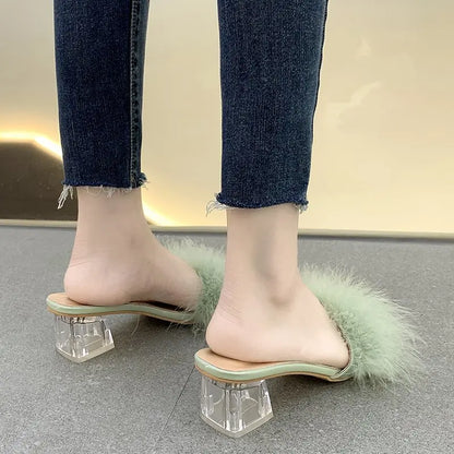 Summer Fluffy Peep Toe Sexy Heels Women Shoes Fur Feather Lady Wedding Slip-On Pink Square Sandals