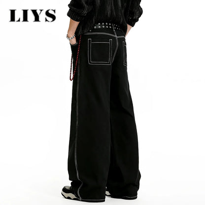 Y2K Embroidered Baggy Wide Leg Black Jeans – Hip-Hop Streetwear Denim
