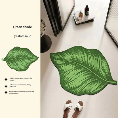 Green Leaf Shaped Bathroom Mat – Absorbent Anti-Slip Diatom Mud Floor Mat