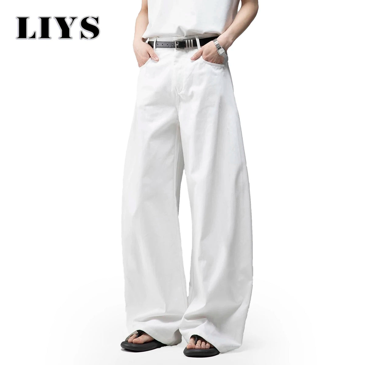 Men S White Baggy Machete Wide-Leg Jeans Daily Casual Denim Pants Solid Business Ladies Balloon