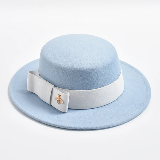 Women's Flat Top Fedora Hat – Bow & Bee Pin, Church & Party