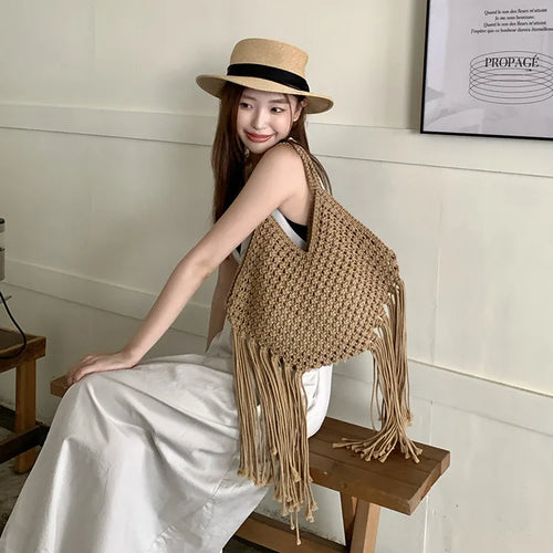 Straw Weave Tassel Tote Bag – Large Capacity Beach Shoulder Bag for Women