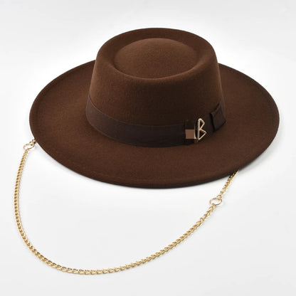 Women's Wide Brim Felt Fedora Hat with Gold Chain & Letter Detail