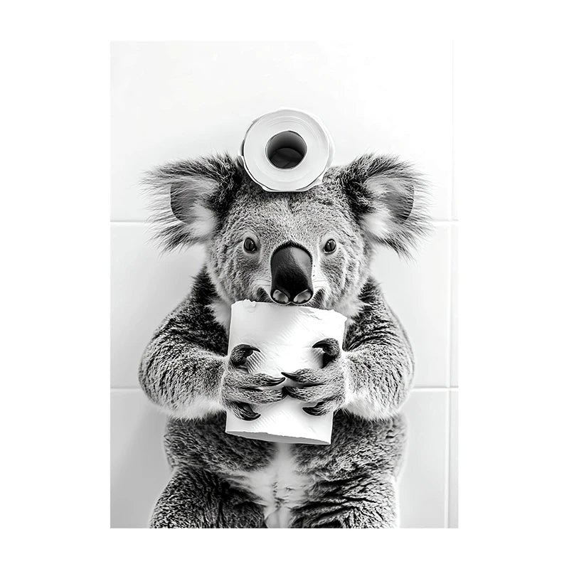 Funny Bathroom Wall Art Poster – Black & White Animal Toilet Paper Print