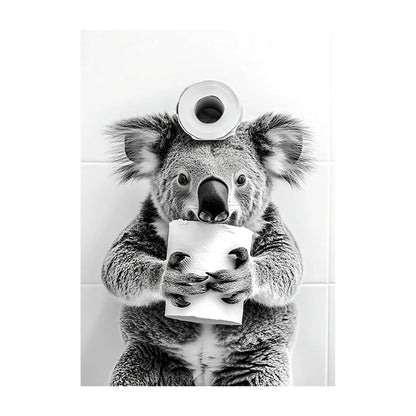 Funny Bathroom Wall Art Poster – Black & White Animal Toilet Paper Print