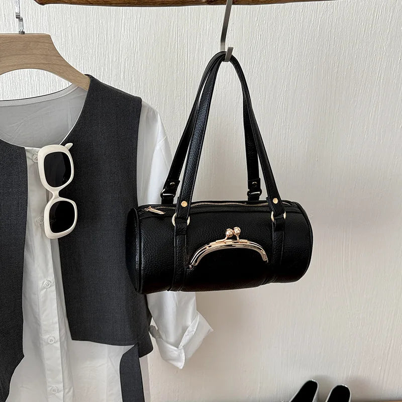Vintage Cylinder Shoulder Bag With Kiss-lock Closure Soft Leather