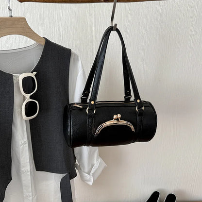 Vintage Cylinder Shoulder Bag With Kiss-lock Closure Soft Leather