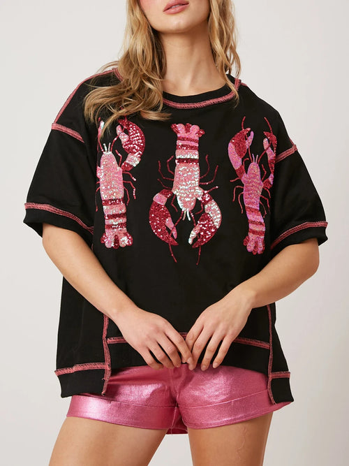 Sequin Lobster Print T-Shirt for Women – Retro Graphic Top