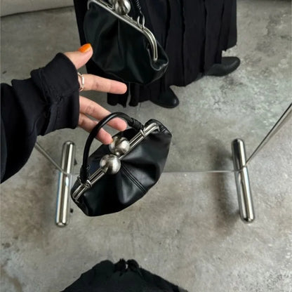 Retro Black Pleated Clip Bag Women Leather Small Capacity Handbag