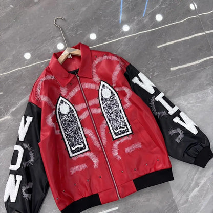 Embroidered PU Leather Bomber Jacket – Men's Hip Hop Streetwear Coat
