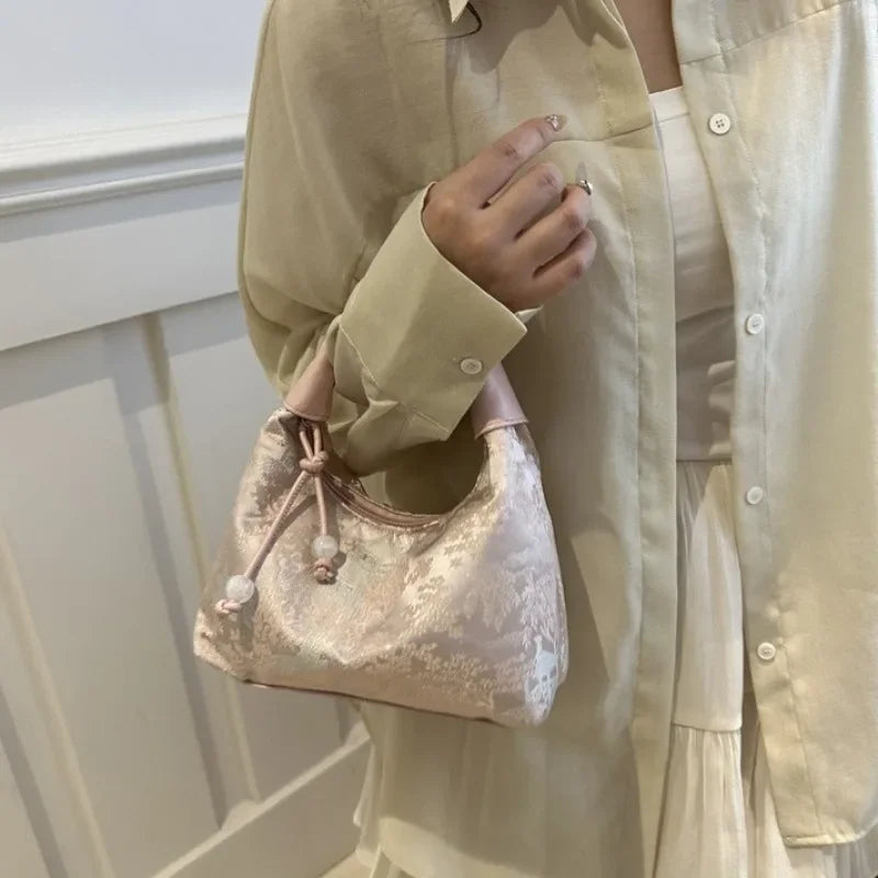 Sweet Embroidery Shoulder Bag Pearl Nylon Texture