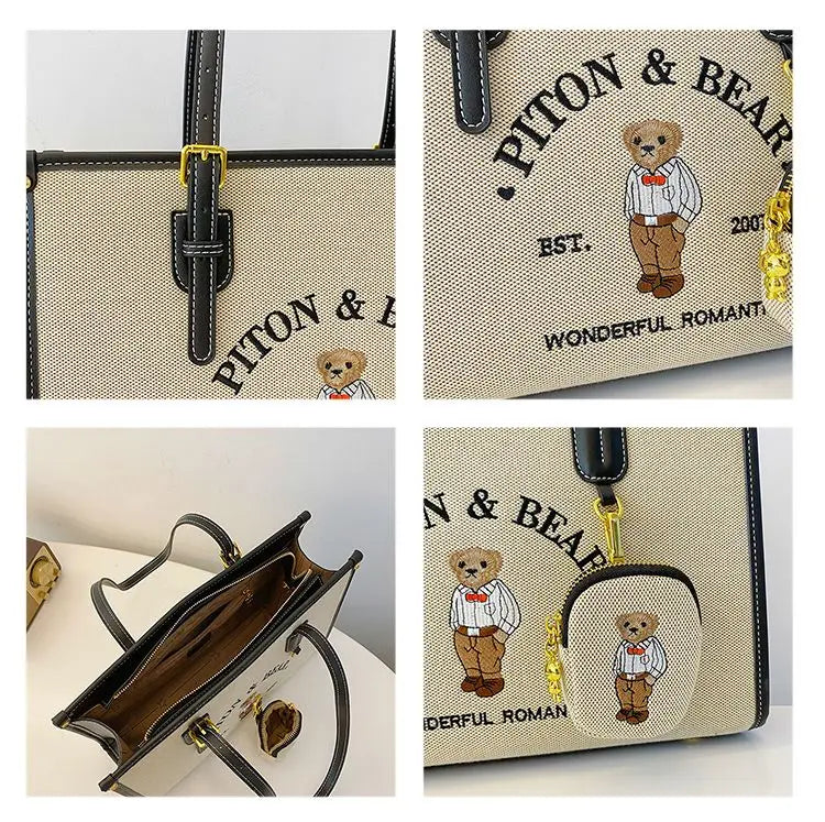 Harajuku Bear Cute Tote Bag Women Vintage Embroidery Chic Casual Shoulder Bags