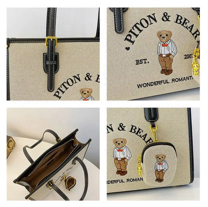 Harajuku Bear Cute Tote Bag Women Vintage Embroidery Chic Casual Shoulder Bags