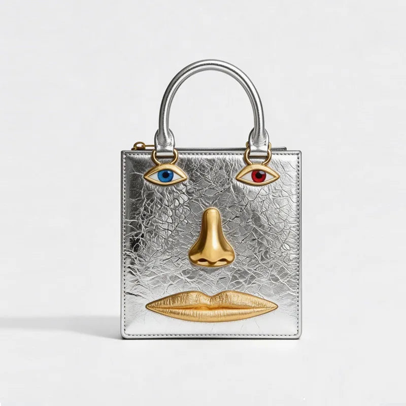 Face Art Leather Handbag – Gold-Tone Metal Accents