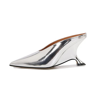 Pointed Toe Metallic Mule Heels for Women – Wedge Slipper Pumps