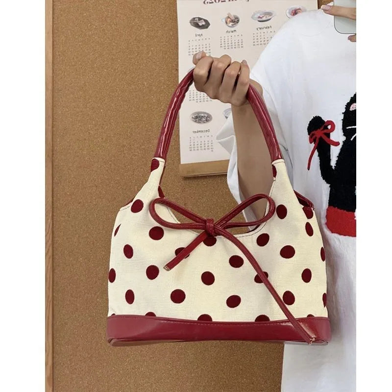 Retro Dot Red Handbag Women Versatile Bow Large Capacity