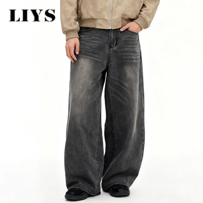 Men S American Retro Gray Baggy Wide Leg Jeans Daily Business Casual Loose Straight Denim Pants Four