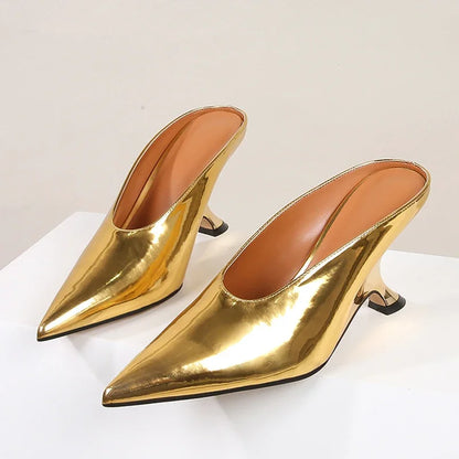 Pointed Toe Metallic Mule Heels for Women – Wedge Slipper Pumps