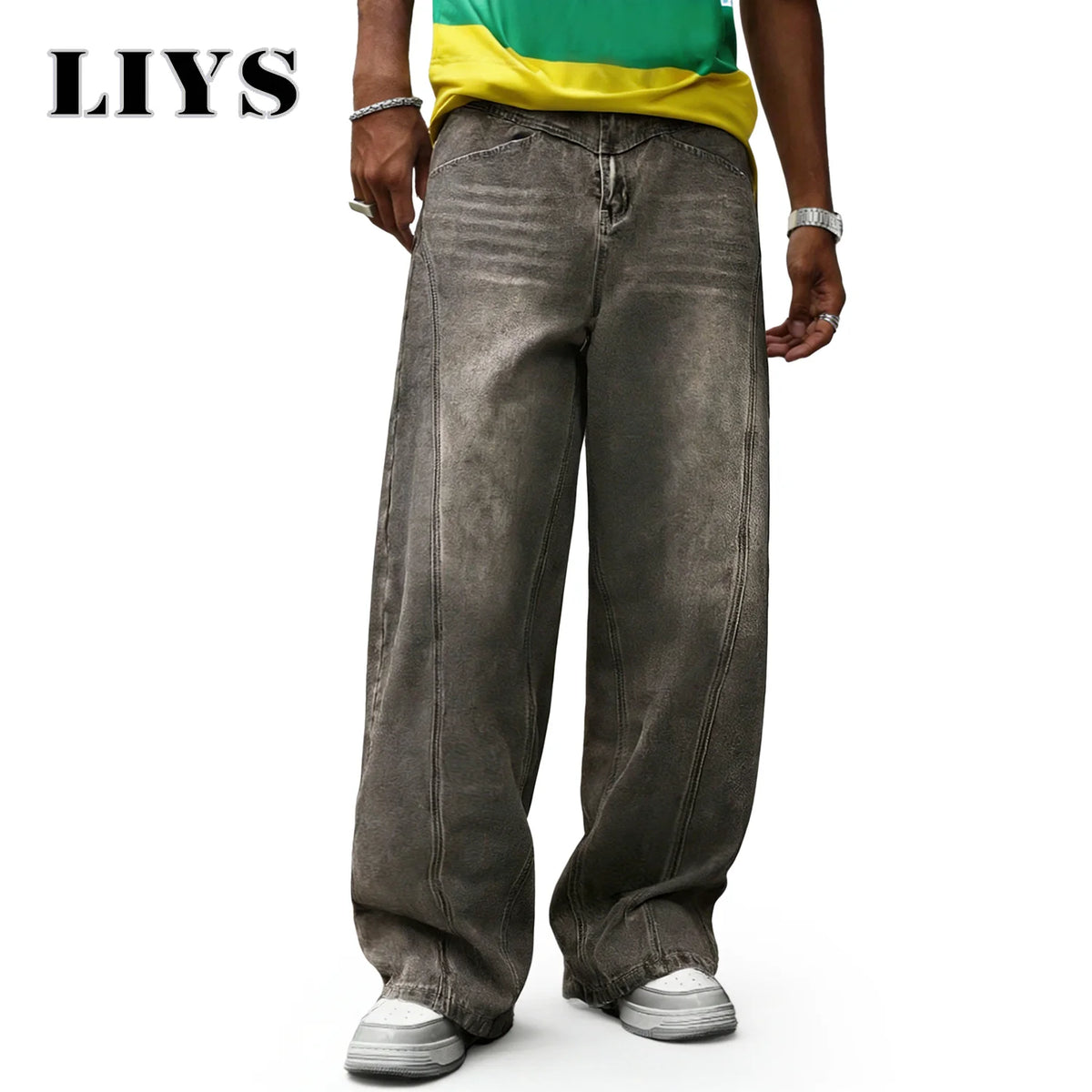 Men's Washed Baggy Wide Leg Jeans – Vintage Gray Spliced Denim