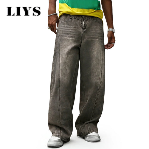 Men's Washed Baggy Wide Leg Jeans – Vintage Gray Spliced Denim
