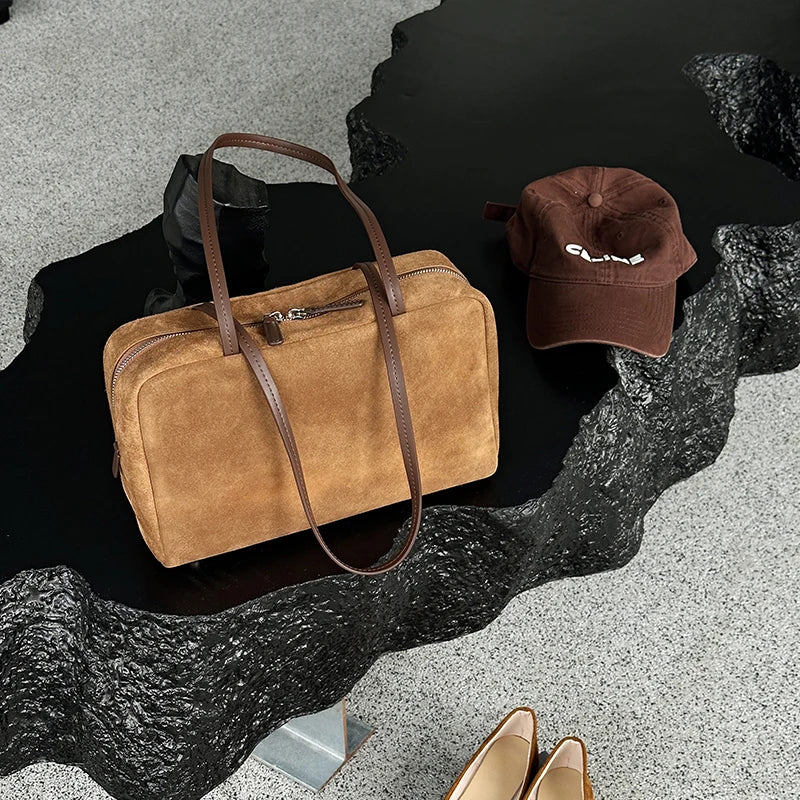 Suede Leather Boston Crossbody Bowling Tote Bag