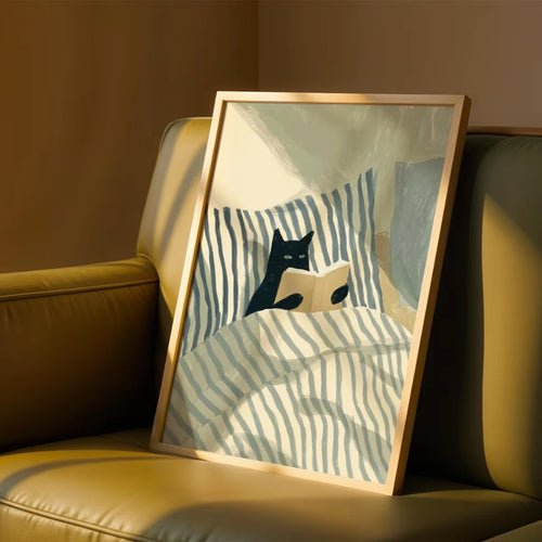 Black Cat Reading Wall Art Print – Cosy Bedroom Poster