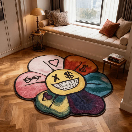 Colorful Flower Smiley Face Area Rug – Soft Non-Slip Floor Mat