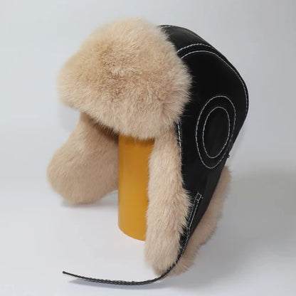Winter Ushanka Trapper Hat with Rabbit Fur & Leather Earflaps
