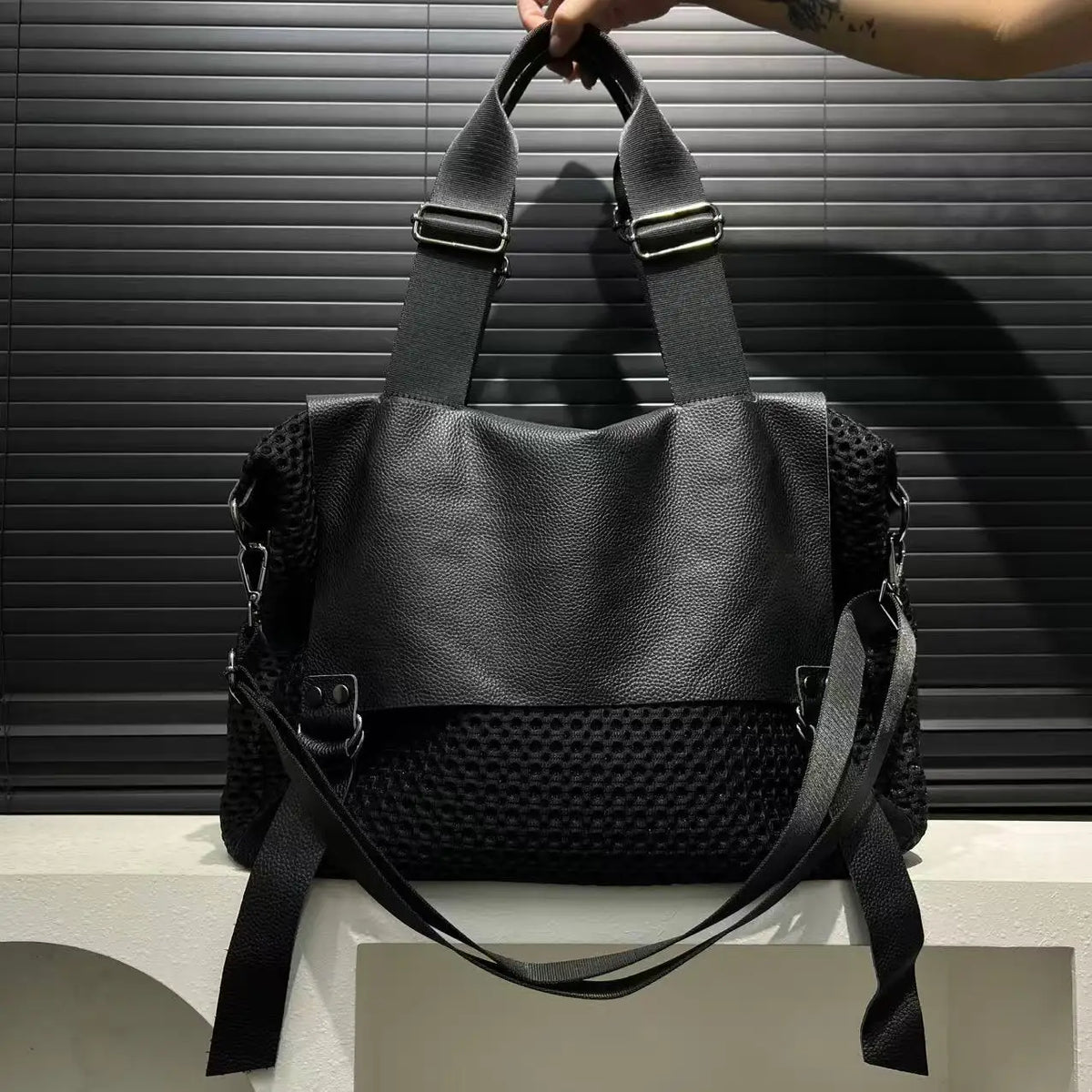 Retro Mesh Spliced Large Capacity Tote Bag