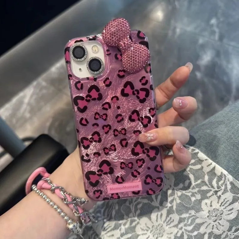 Diamond Bow Leopard Print Phone Case with Glitter Lining