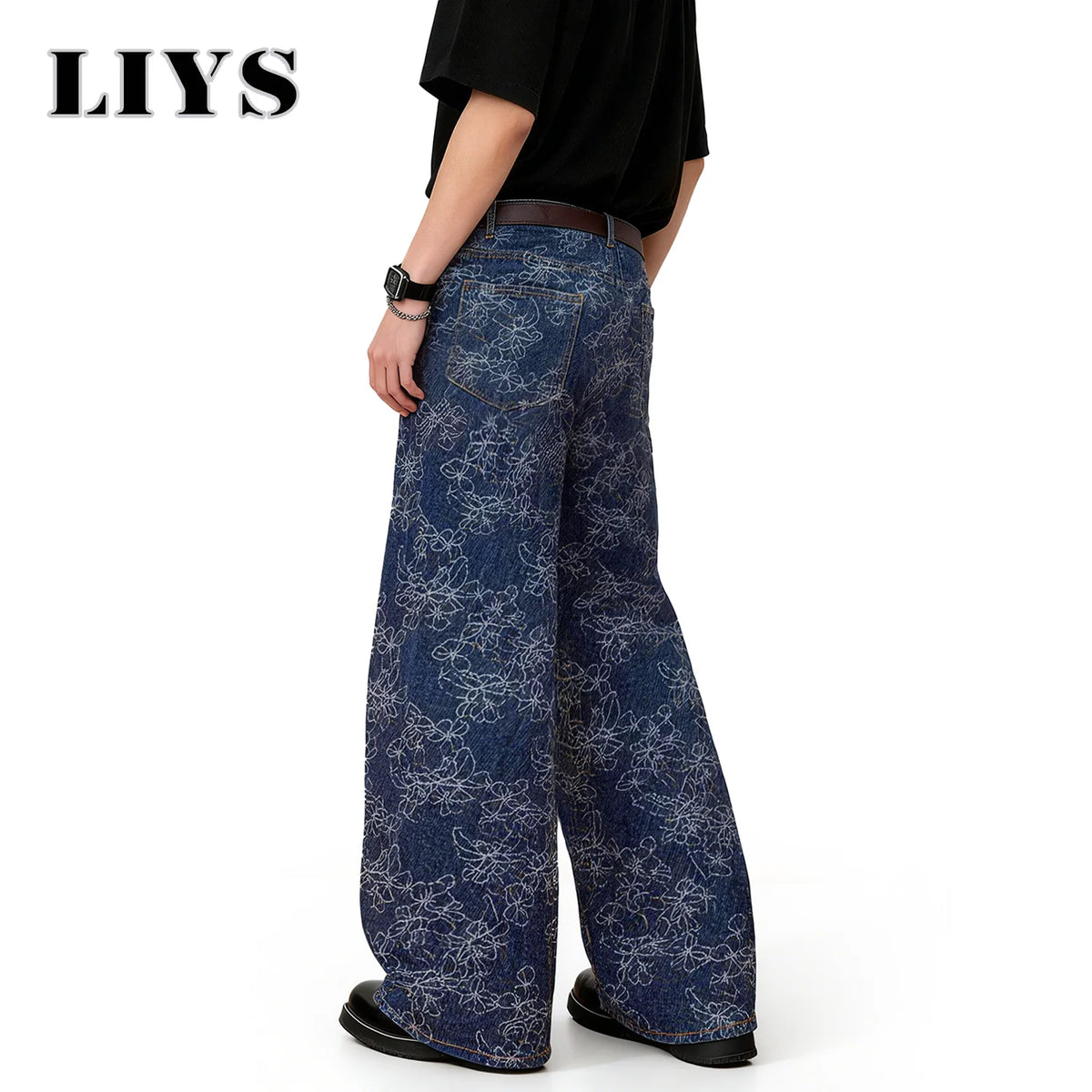 Floral Jacquard Baggy Wide Leg Jeans – Korean Retro Blue Denim