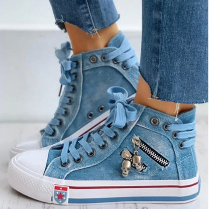Women's High Top Denim Canvas Sneakers – Skull Zipper Lace-Up Casual Shoes